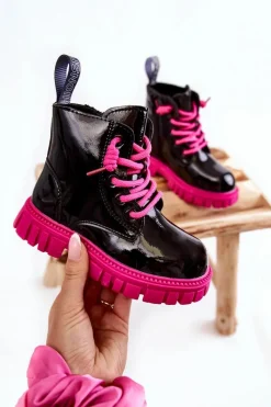 New Boto Lakierowane Ocieplane Botki Czarno-Różowe Heidi