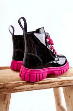 New Boto Lakierowane Ocieplane Botki Czarno-Różowe Heidi