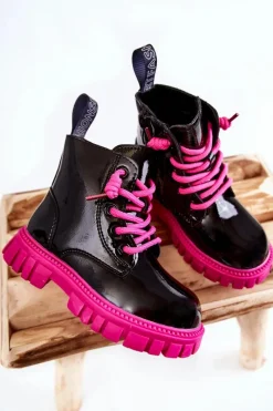 New Boto Lakierowane Ocieplane Botki Czarno-Różowe Heidi