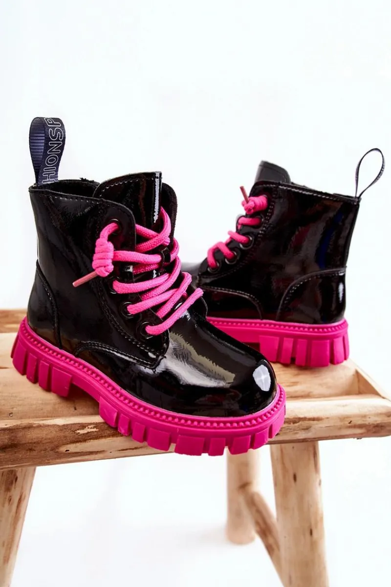 New Boto Lakierowane Ocieplane Botki Czarno-Różowe Heidi