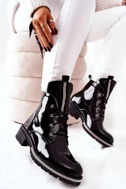 Sale Lakierowane Ocieplane Botki Czarne Grecia Damskie Botki Sznurowane|Czarne Botki
