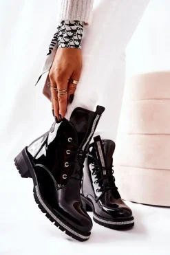 Sale Lakierowane Ocieplane Botki Czarne Grecia Damskie Botki Sznurowane|Czarne Botki