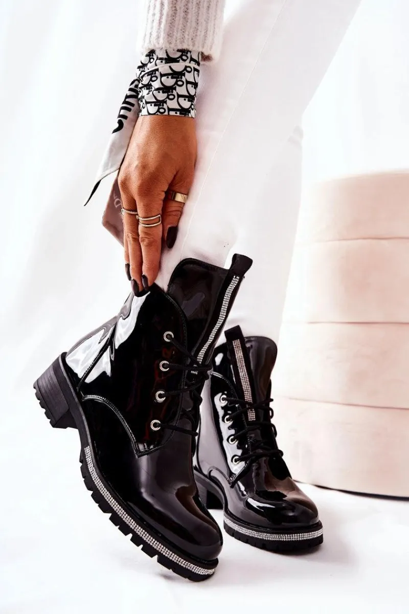 Sale Lakierowane Ocieplane Botki Czarne Grecia Damskie Botki Sznurowane|Czarne Botki