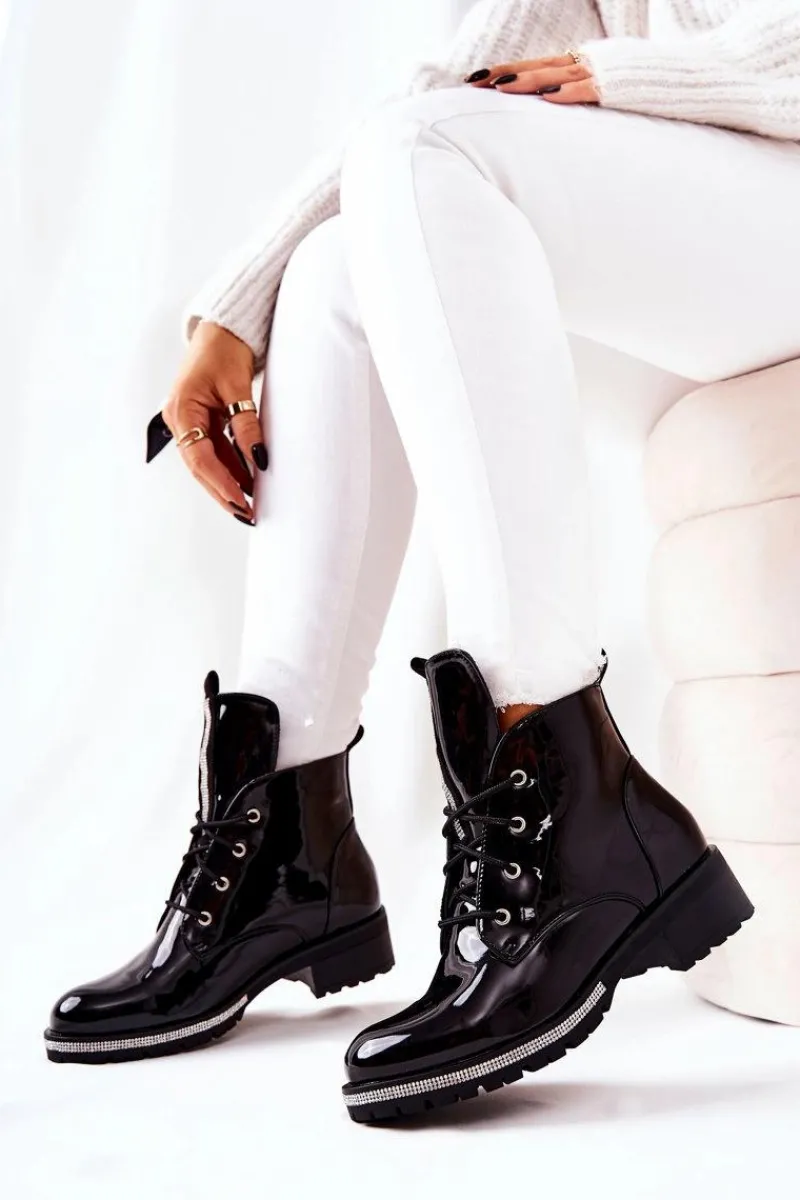 Sale Lakierowane Ocieplane Botki Czarne Grecia Damskie Botki Sznurowane|Czarne Botki