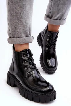 Outlet Lakierowane Ocieplane Botki Sznurowane Czarne Bjorg Damskie Botki Sznurowane|Czarne Botki