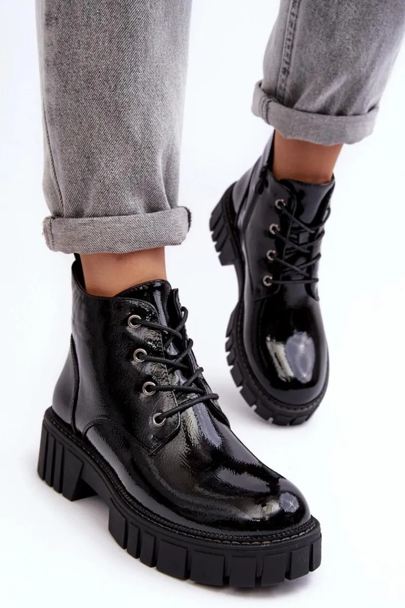Outlet Lakierowane Ocieplane Botki Sznurowane Czarne Bjorg Damskie Botki Sznurowane|Czarne Botki