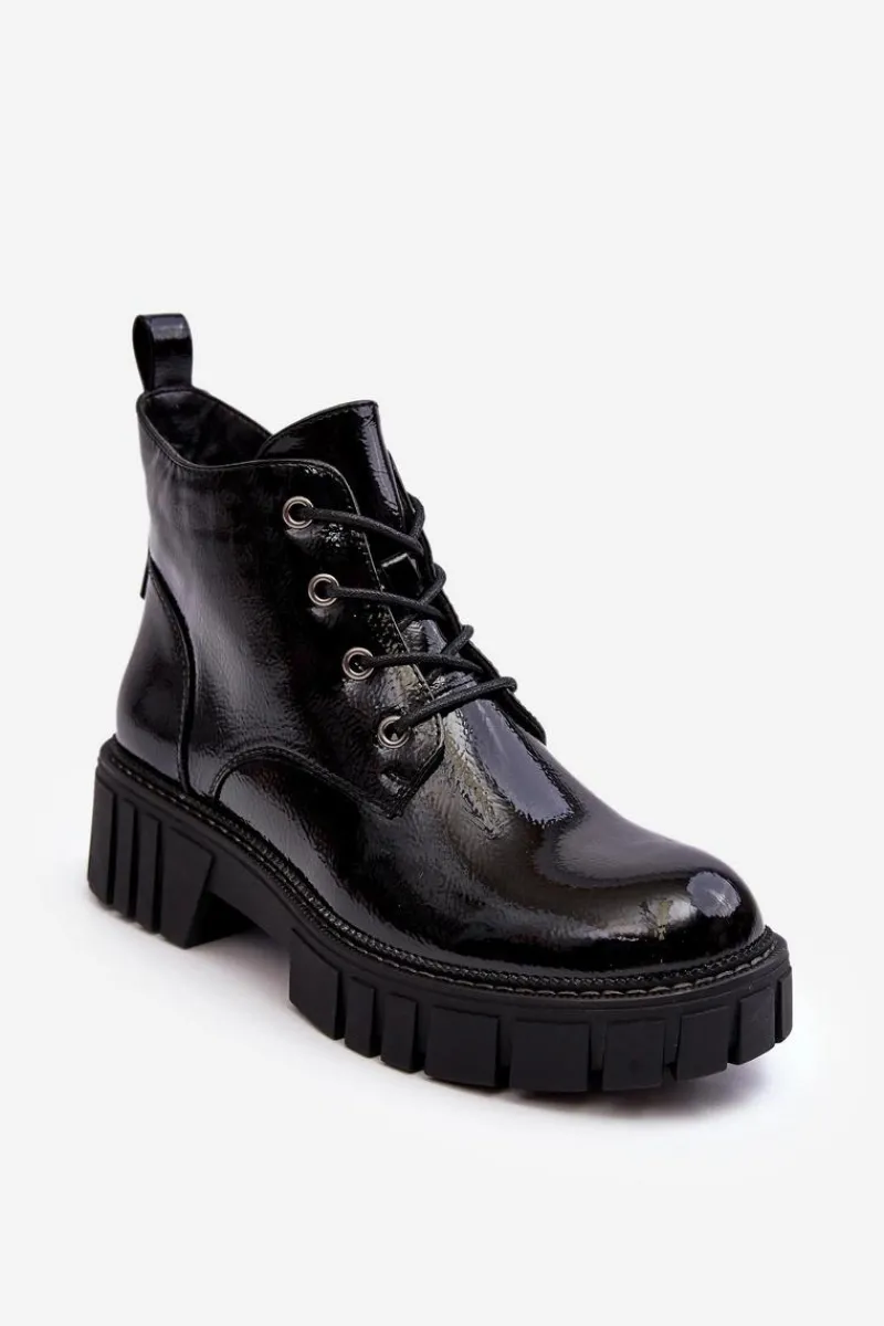 Outlet Lakierowane Ocieplane Botki Sznurowane Czarne Bjorg Damskie Botki Sznurowane|Czarne Botki