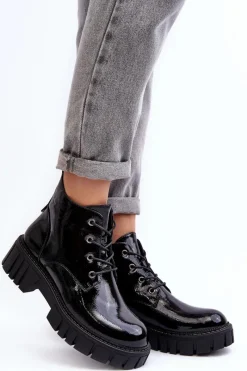 Outlet Lakierowane Ocieplane Botki Sznurowane Czarne Bjorg Damskie Botki Sznurowane|Czarne Botki