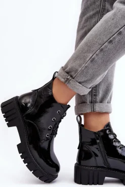 Outlet Lakierowane Ocieplane Botki Sznurowane Czarne Bjorg Damskie Botki Sznurowane|Czarne Botki