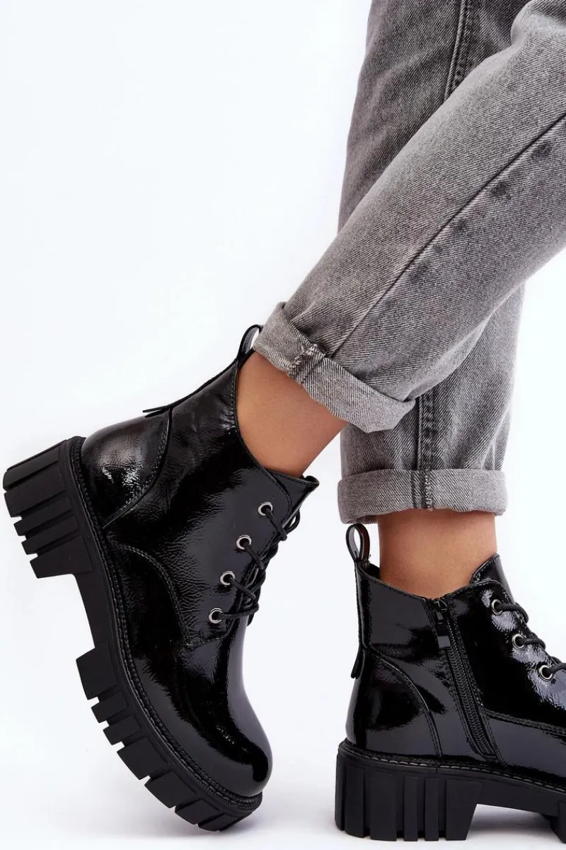 Outlet Lakierowane Ocieplane Botki Sznurowane Czarne Bjorg Damskie Botki Sznurowane|Czarne Botki