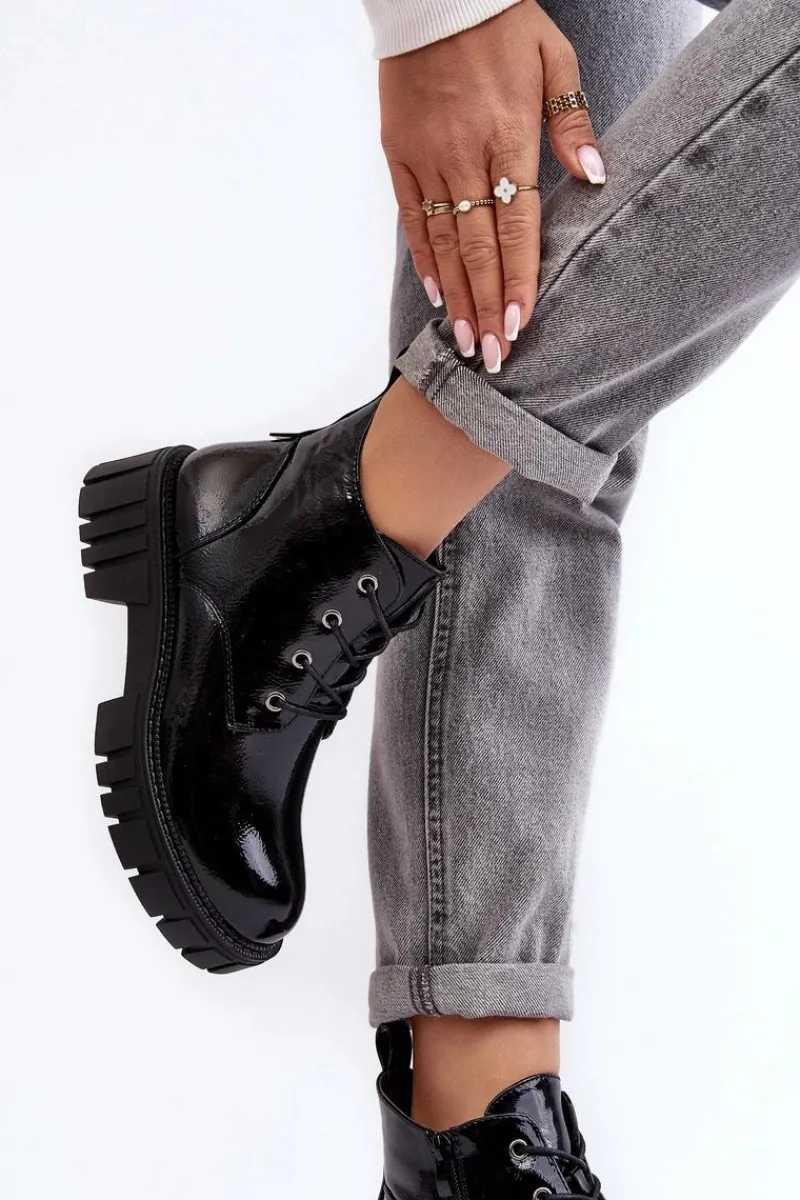 Outlet Lakierowane Ocieplane Botki Sznurowane Czarne Bjorg Damskie Botki Sznurowane|Czarne Botki