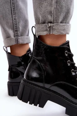 Outlet Lakierowane Ocieplane Botki Sznurowane Czarne Bjorg Damskie Botki Sznurowane|Czarne Botki