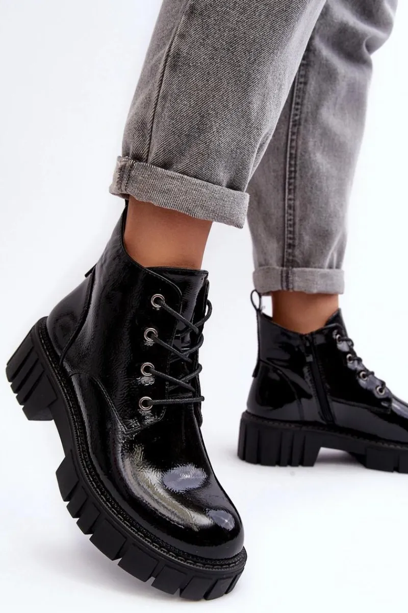 Outlet Lakierowane Ocieplane Botki Sznurowane Czarne Bjorg Damskie Botki Sznurowane|Czarne Botki