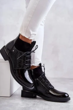 New Lakierowane Ocieplane Botki Sznurowane Czarne Cathrine Damskie Botki Sznurowane|Czarne Botki