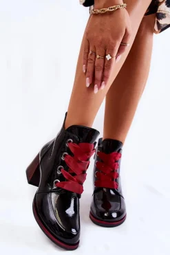 Outlet Buty damskie Vinceza Lakierowane Ocieplane Botki Sznurowane Czarne Tove