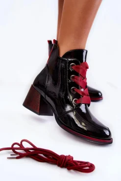 Outlet Buty damskie Vinceza Lakierowane Ocieplane Botki Sznurowane Czarne Tove