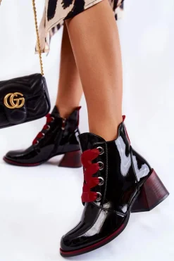 Outlet Buty damskie Vinceza Lakierowane Ocieplane Botki Sznurowane Czarne Tove