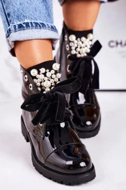 Online Lakierowane Ocieplane Botki Z Perełkami I Wstążką Czarne Perla Damskie Botki Sznurowane|Czarne Botki