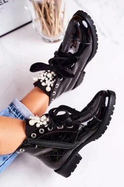 Online Lakierowane Ocieplane Botki Z Perełkami I Wstążką Czarne Perla Damskie Botki Sznurowane|Czarne Botki