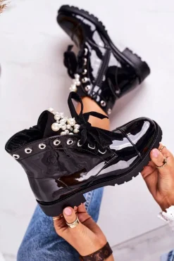 Online Lakierowane Ocieplane Botki Z Perełkami I Wstążką Czarne Perla Damskie Botki Sznurowane|Czarne Botki