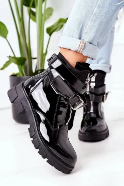 Czarne Botki|Botki Zimowe Damskie>Boto Lakierowane Ocieplane Botki Workery Czarne Not Realy