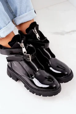 Czarne Botki|Botki Zimowe Damskie>Boto Lakierowane Ocieplane Botki Workery Czarne Not Realy