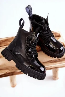 Outlet Lakierowane Ocieplane Botki Czarne Heidi Dzieci Dziewczęce