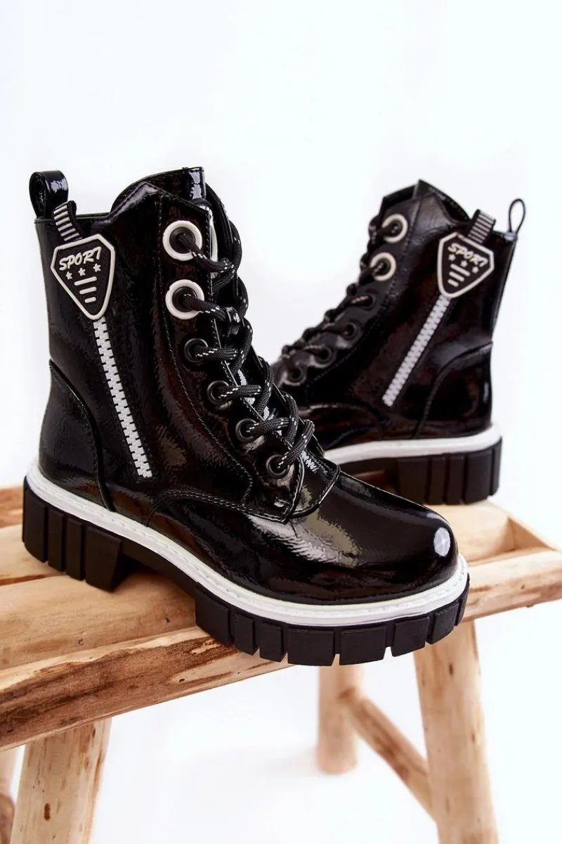 Dziewczęce>Damskie buty S.Barski Lakierowane Ocieplane Botki Na Suwak Czarne Marcella