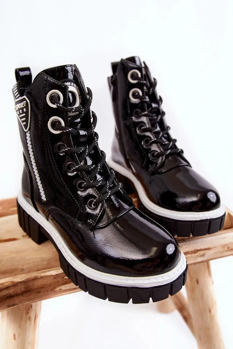 Dziewczęce>Damskie buty S.Barski Lakierowane Ocieplane Botki Na Suwak Czarne Marcella