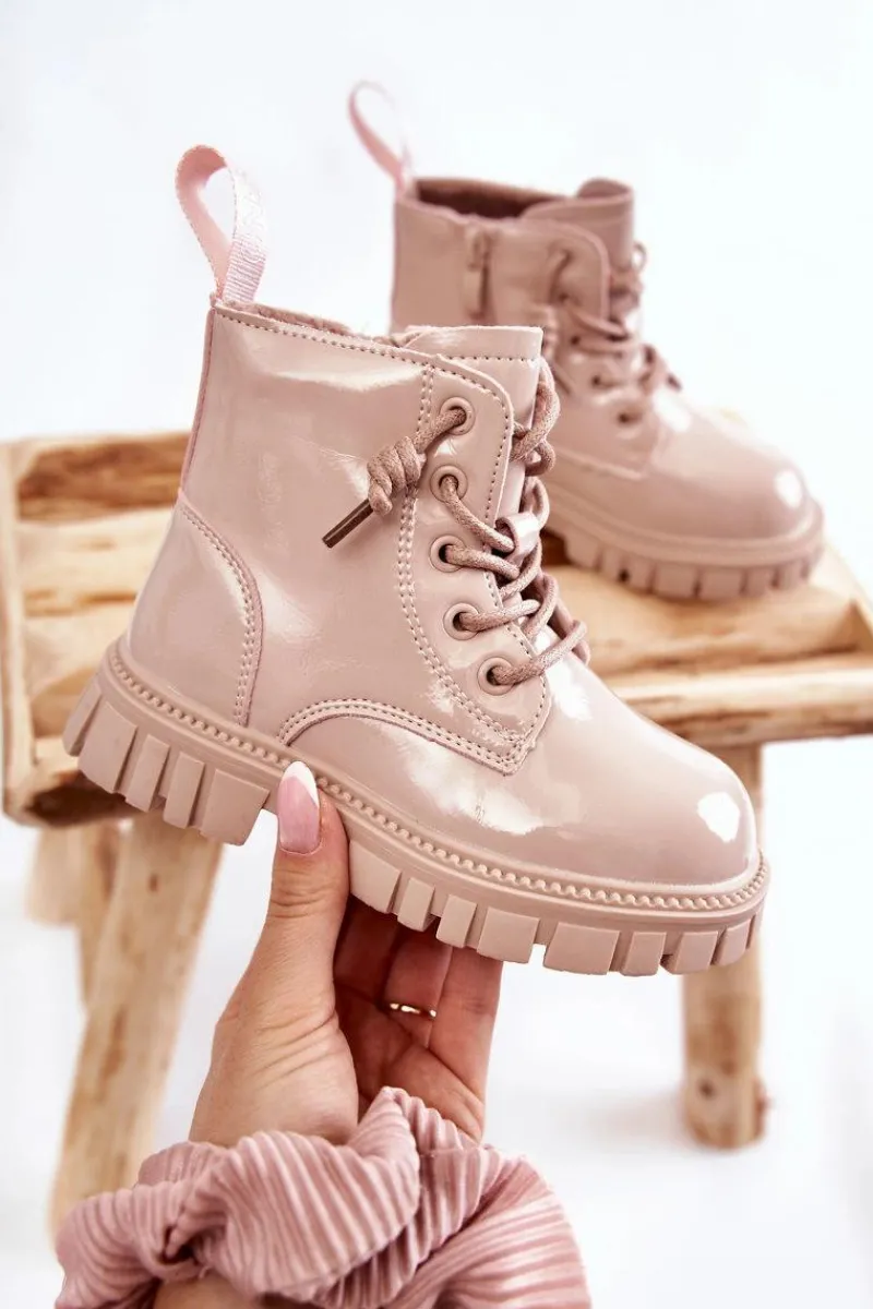 Clearance Boto Lakierowane Ocieplane Botki Jasnobeżowe Heidi