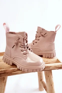 Clearance Boto Lakierowane Ocieplane Botki Jasnobeżowe Heidi