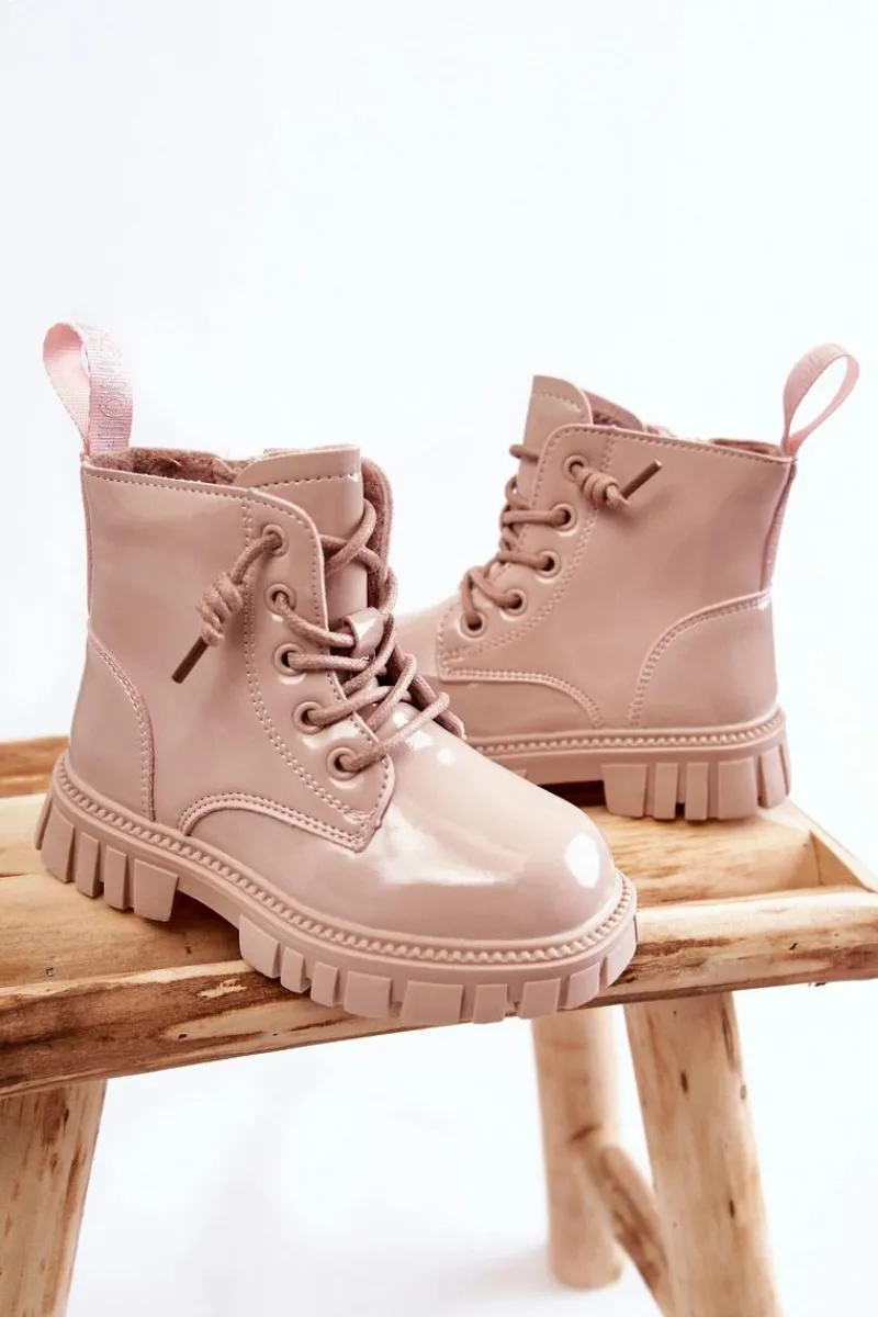 Clearance Boto Lakierowane Ocieplane Botki Jasnobeżowe Heidi
