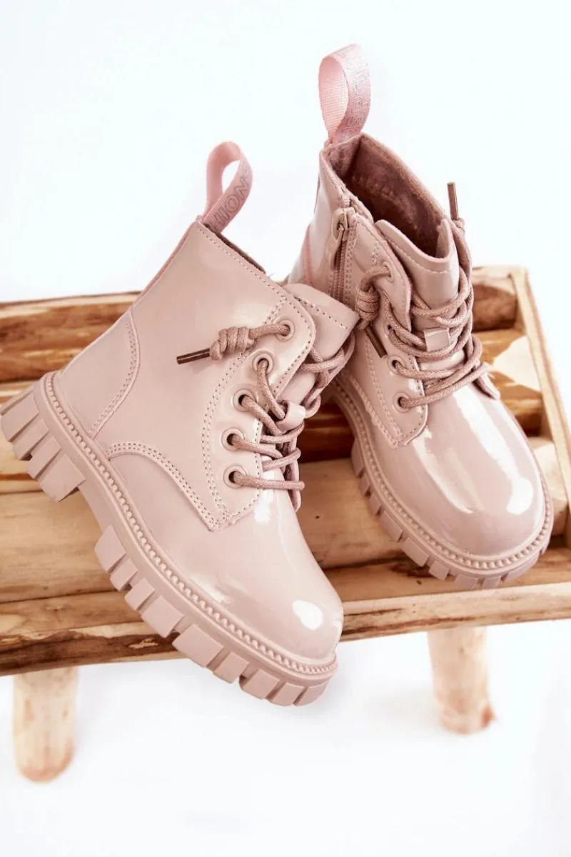 Clearance Boto Lakierowane Ocieplane Botki Jasnobeżowe Heidi