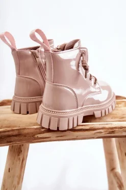 Clearance Boto Lakierowane Ocieplane Botki Jasnobeżowe Heidi