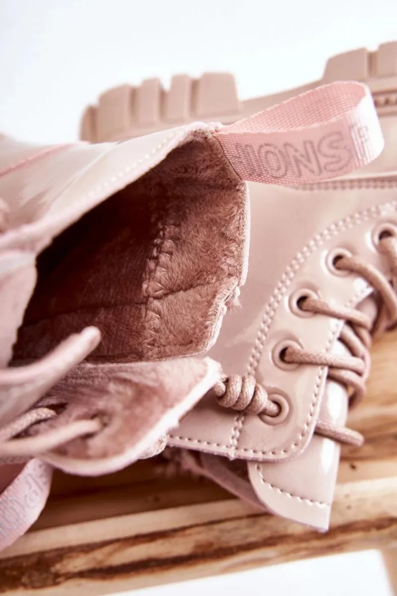 Clearance Boto Lakierowane Ocieplane Botki Jasnobeżowe Heidi