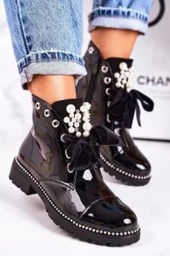 Botki Sznurowane|Czarne Botki>Boto Lakierowane Ocieplane Botki Z Perełkami, Dżetami I Wstążką Czarne Perla
