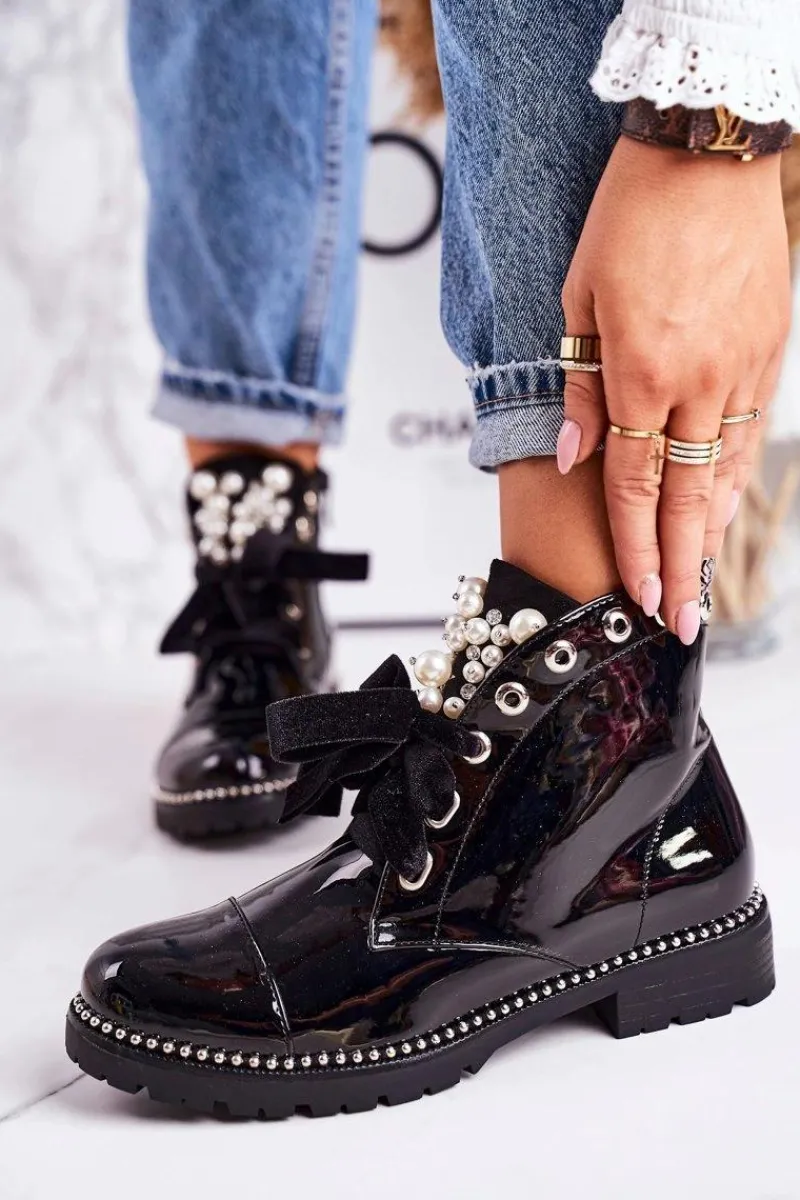 Botki Sznurowane|Czarne Botki>Boto Lakierowane Ocieplane Botki Z Perełkami, Dżetami I Wstążką Czarne Perla