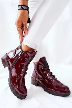 Botki Sznurowane|Czarne Botki>Buty damskie Vinceza Lakierowane Ocieplane Botki Bordowe Cloghan