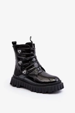 Clearance Boto Lakierowane Ocieplane Botki Dziewczęce Czarne Rilina