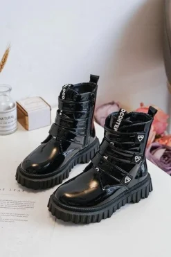 Clearance Boto Lakierowane Ocieplane Botki Dziewczęce Czarne Rilina