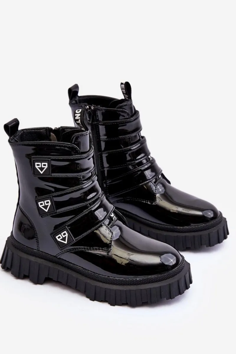 Clearance Boto Lakierowane Ocieplane Botki Dziewczęce Czarne Rilina