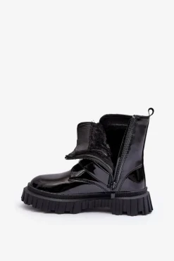 Clearance Boto Lakierowane Ocieplane Botki Dziewczęce Czarne Rilina