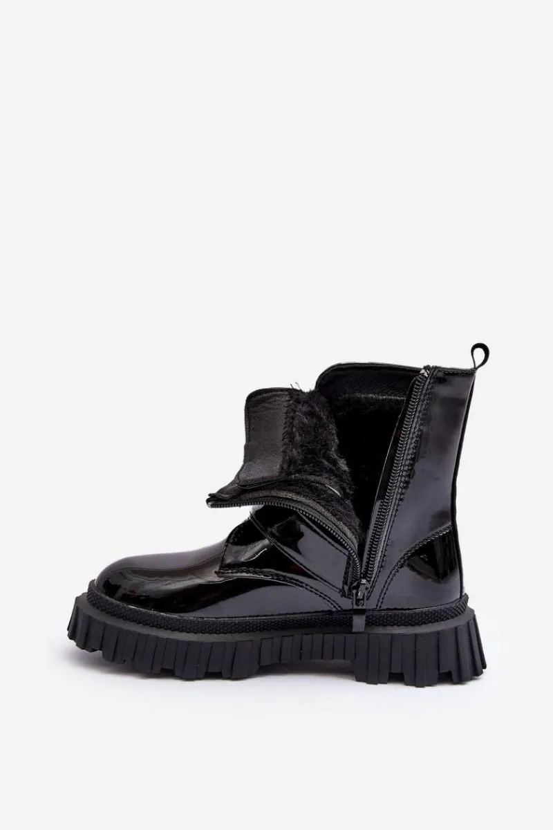 Clearance Boto Lakierowane Ocieplane Botki Dziewczęce Czarne Rilina