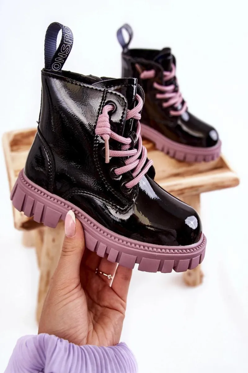 Online Boto Lakierowane Ocieplane Botki Czarno-Fioletowe Heidi