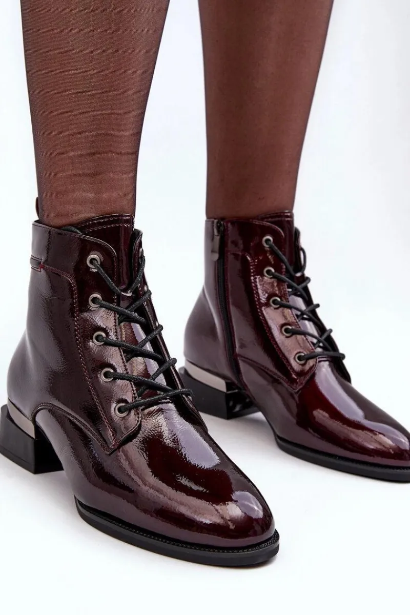 Online Lakierowane Ocieplane Botki Na Suwak Bordowe Achonia Damskie Botki Sznurowane|Czarne Botki