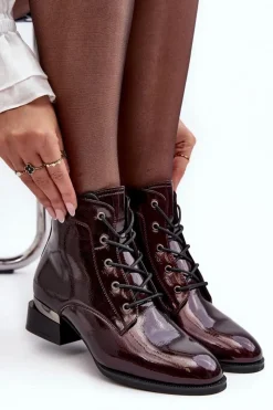 Online Lakierowane Ocieplane Botki Na Suwak Bordowe Achonia Damskie Botki Sznurowane|Czarne Botki