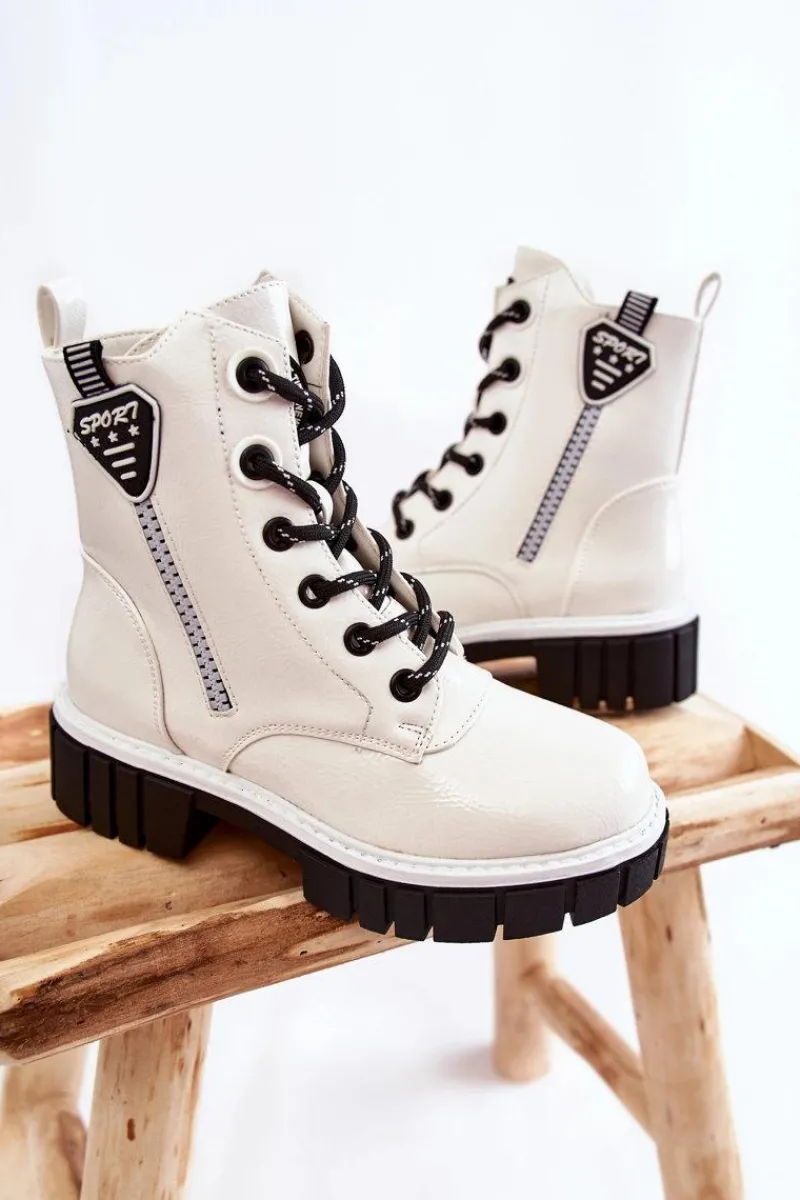 Online Damskie buty S.Barski Lakierowane Ocieplane Botki Na Suwak Białe Marcella