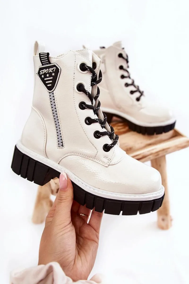 Online Damskie buty S.Barski Lakierowane Ocieplane Botki Na Suwak Białe Marcella