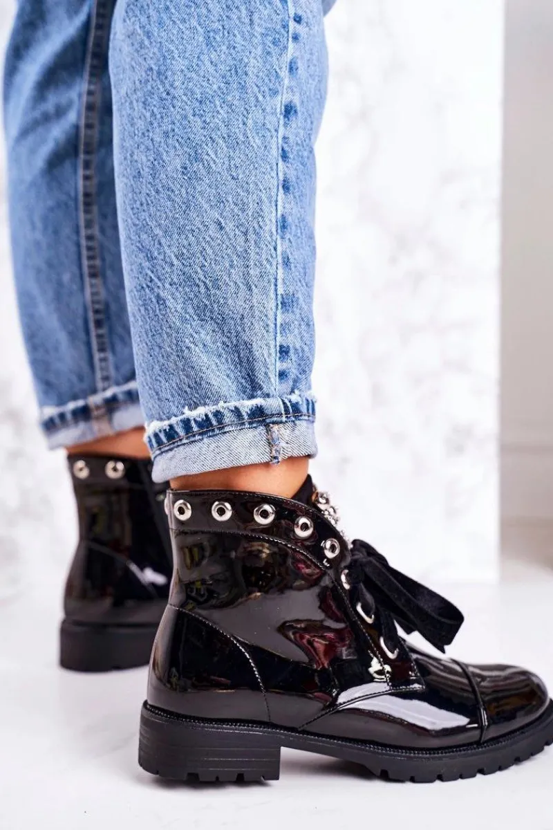 New Boto Lakierowane Ocieplane Botki Z Metalowymi Perełkami I Wstążką Czarne Perla