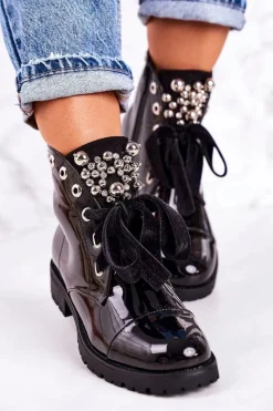 New Boto Lakierowane Ocieplane Botki Z Metalowymi Perełkami I Wstążką Czarne Perla